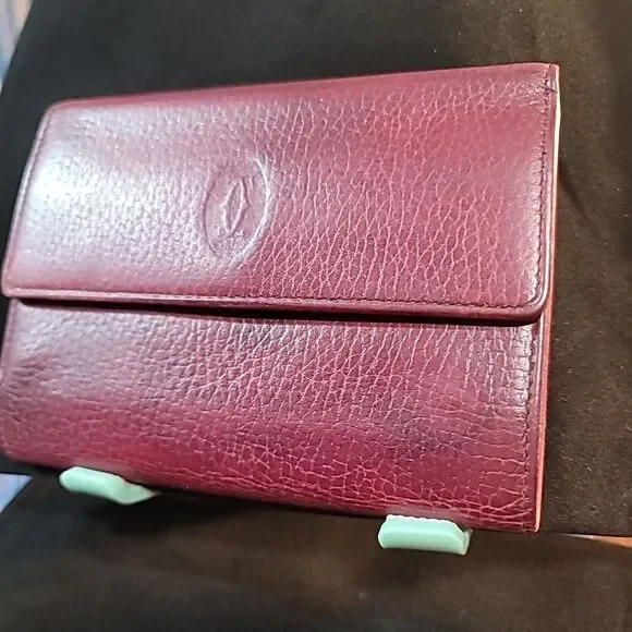 Cartier Tri-fold Wallet Mast Lines Bordeaux Leather Good Used Condition
